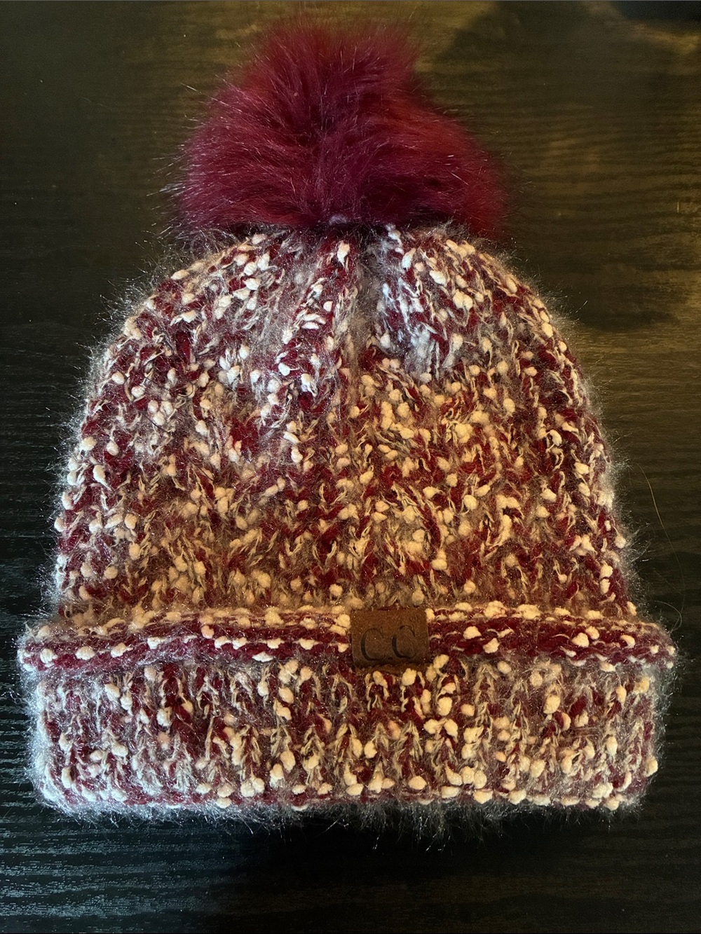 Cozy Marled Pom Beanie - Burgundy & Cream